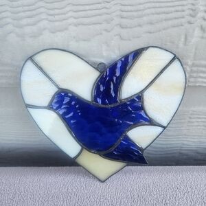 VTG White Heart Blue Dove Bird Stained Glass Suncatcher Hanging 5"
